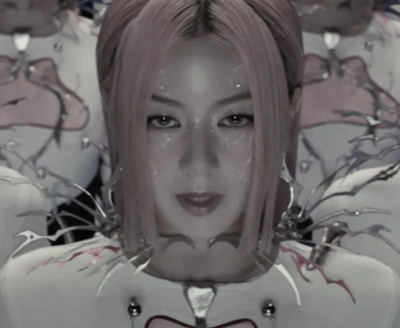 woman dressed in white with pink hair